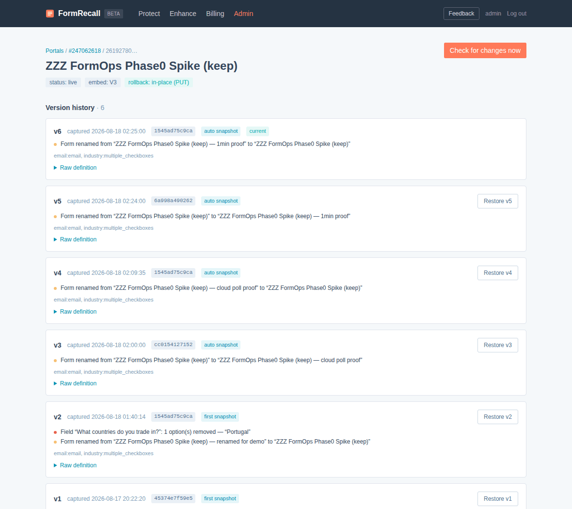 FormRecall version history with human-readable diffs and restore buttons