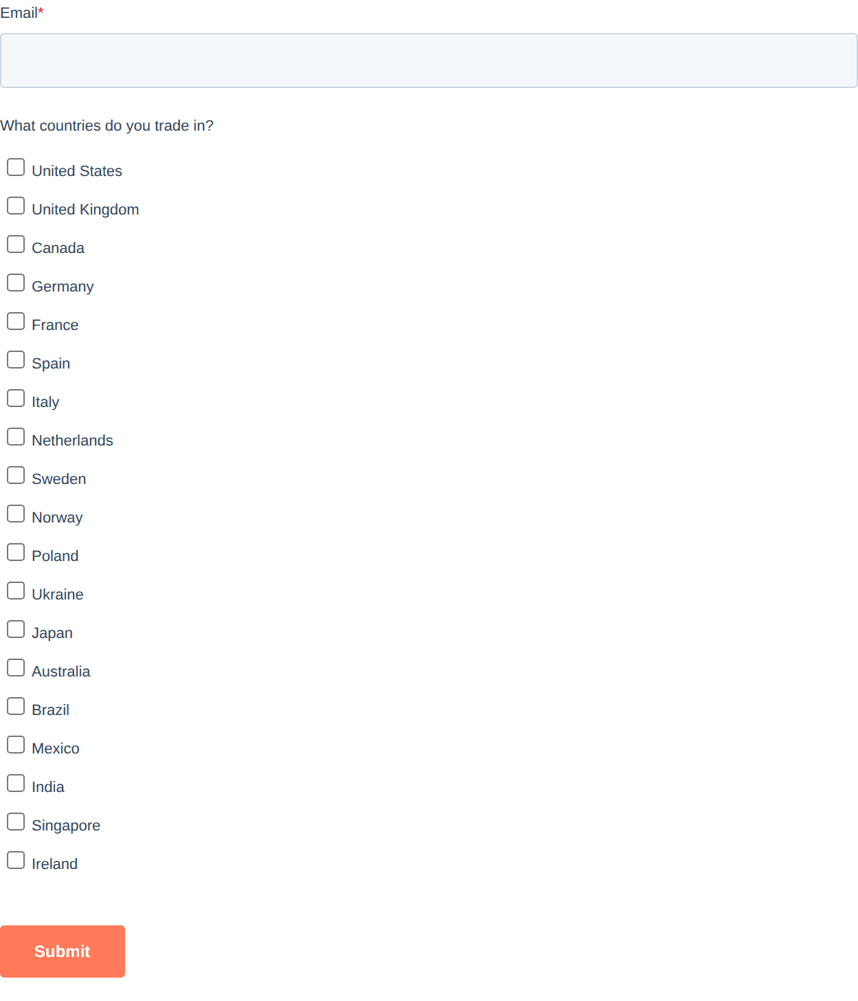 Native HubSpot form: a wall of 19 checkboxes